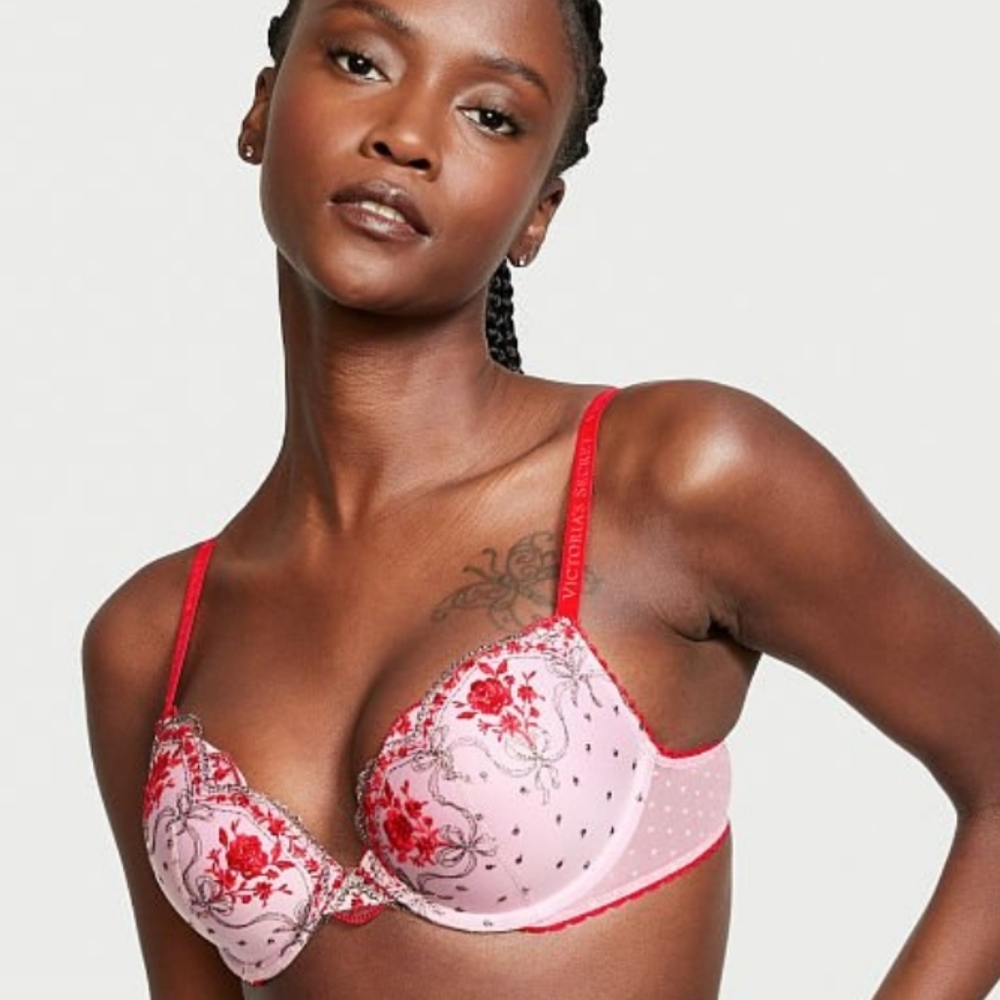 🆕️VS VERY SEXY Rosebud Dot Push-Up Bra Size 36B Lipstick Red & Lilac
